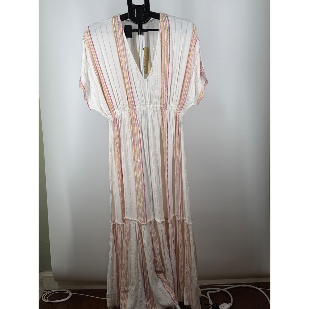 Elan Women White Metallic Stripe Embroidered V-Neck Tiered Maxi Dress Medium New